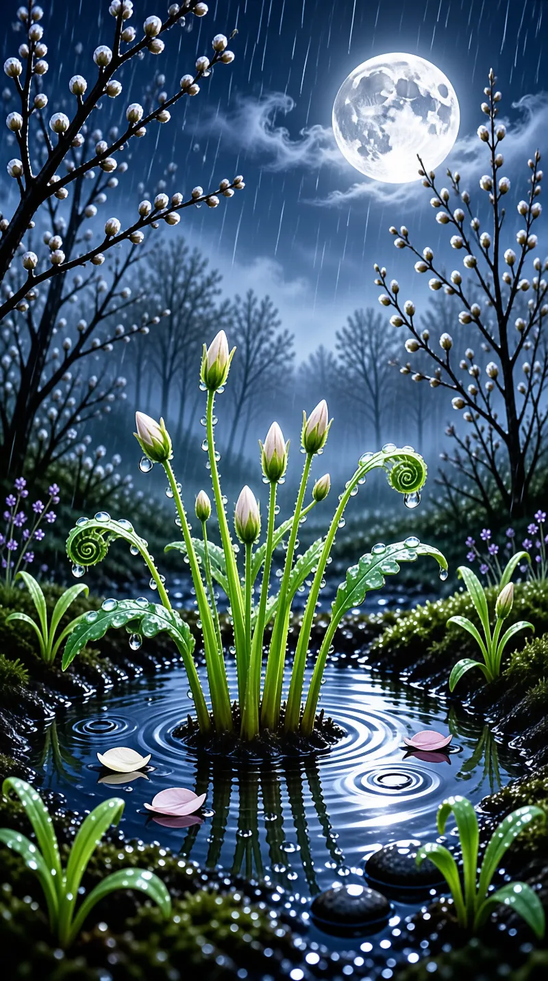 Moonlit Rainy Night Garden