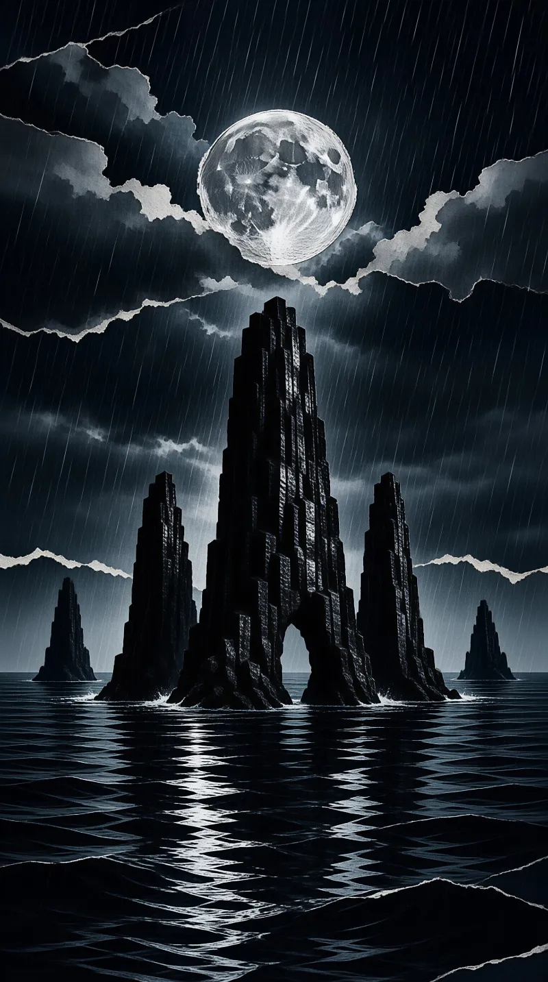Dark jagged rock formations rise from water under a cloudy sky with a large moon and rain.