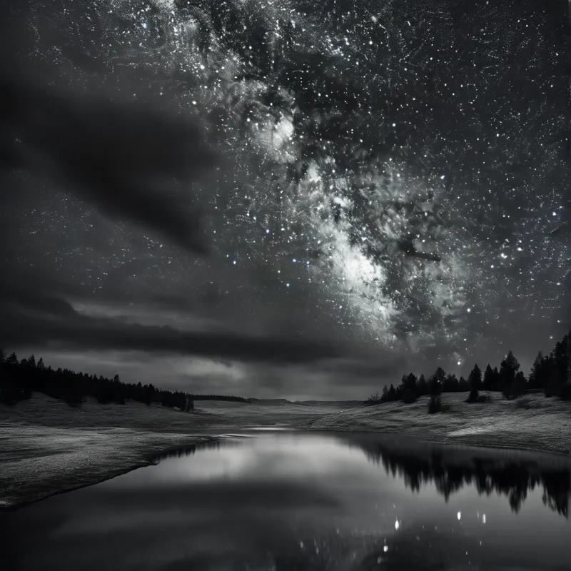 A black and white photograph shows a winding river reflecting the bright band of the Milky Way galaxy above a forested valley at night. The sky is filled with stars and clouds creating a high contrast scene with dark hills silhouetted against the luminous celestial display.