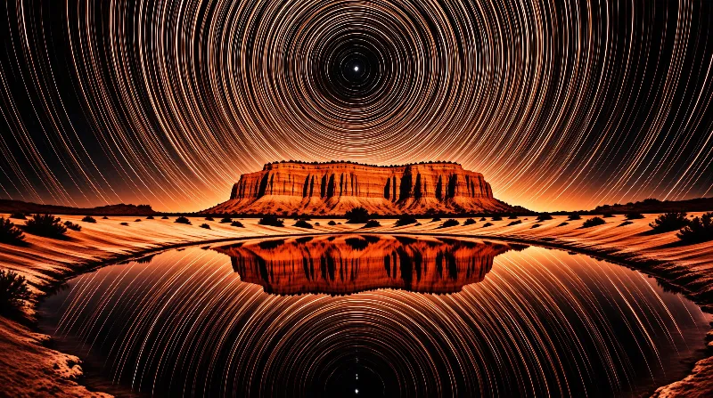 Desert mesa mirrored in still water beneath swirling orange star trails creating a symmetrical landscape scene.