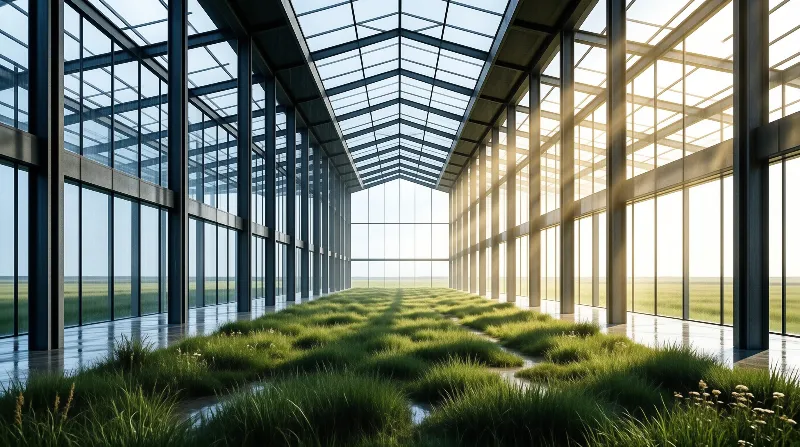 A long symmetrical glass structure containing rows of green grass with bright sunlight streaming through the windows.