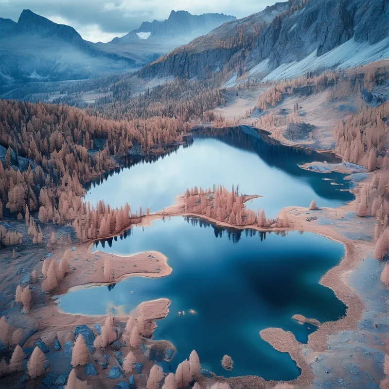 An aerial false-color view shows a still alpine lake surrounded by coppery conifer forest beneath rugged grey mountains