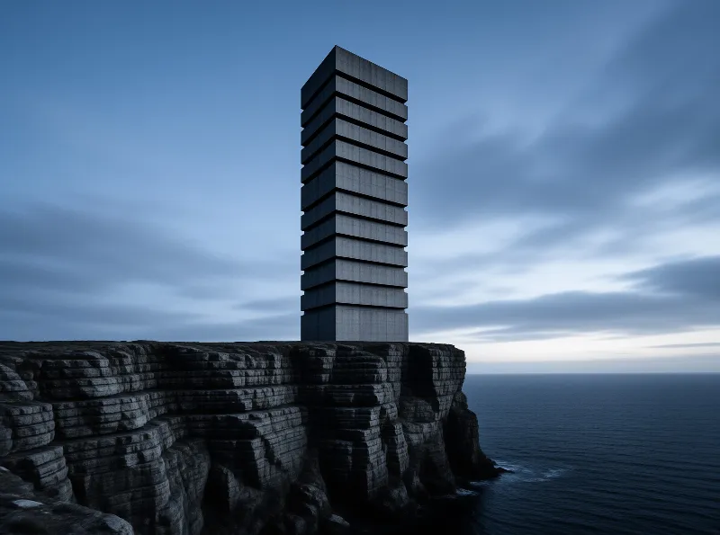 A tall tiered stone structure stands prominently on the edge of a layered rocky cliff overlooking a calm sea under a twilight sky.
