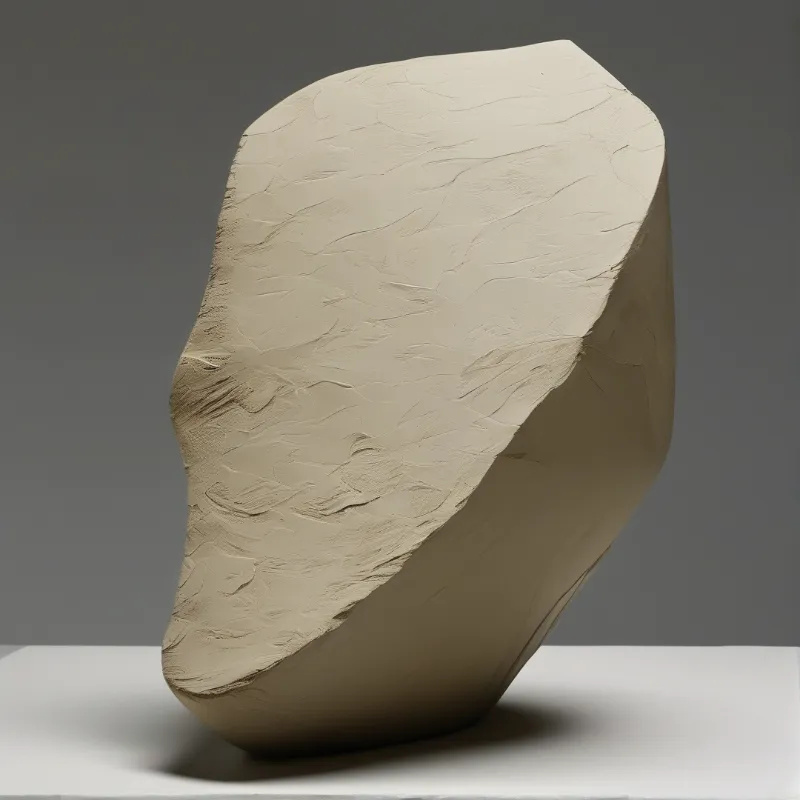 A beige sculpted block with smeared modelling marks tilts on a pale pedestal against a smooth dark grey backdrop.