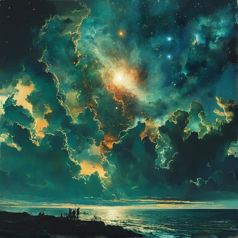 Teal and gold nebula clouds swirl above a calm dark sea, lit by a glowing amber core scattered with bright stars.