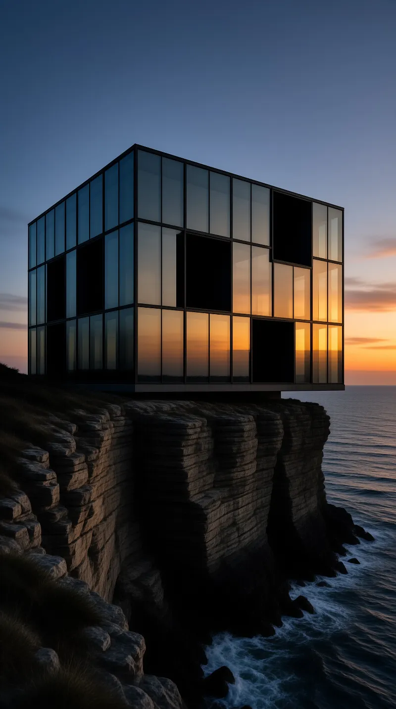 A cubic glass house sits on a rocky headland, mirroring orange sunset light in its panels.