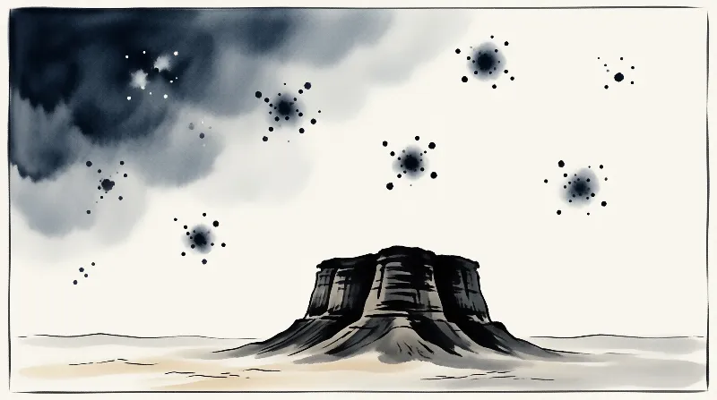 A solitary desert mesa rises from a flat plain beneath a sky with heavy ink clouds and scattered black splatters.