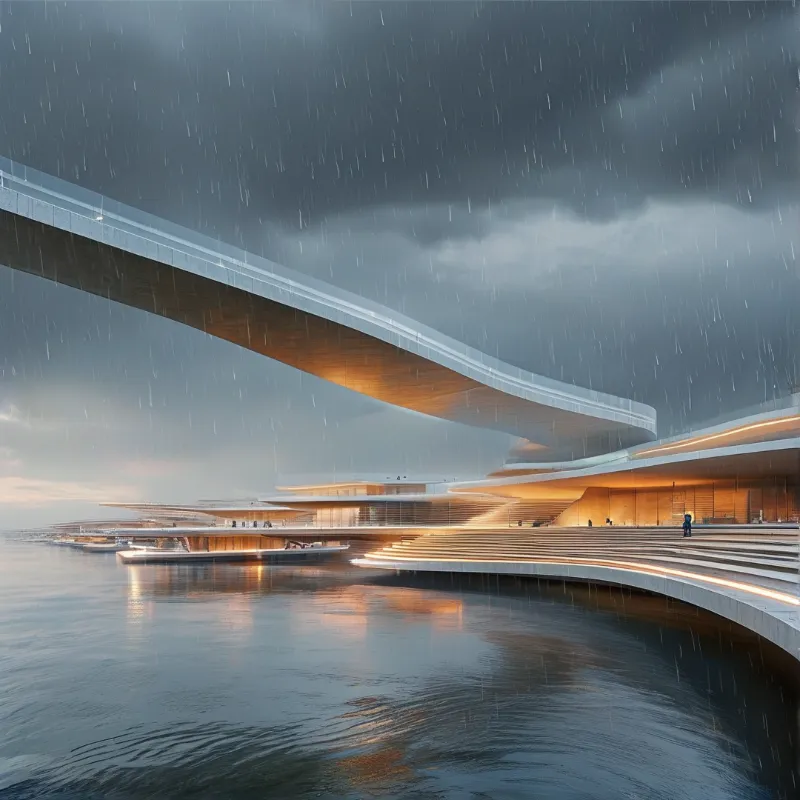 Layered concrete terraces of a futuristic harbor pavilion glow warm beneath a grey rainstorm mirrored in calm water.