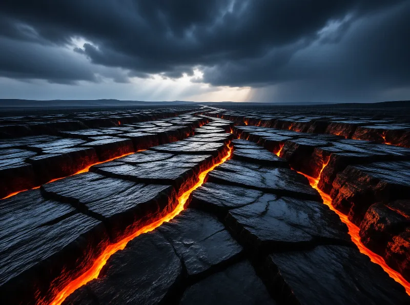 Flat volcanic plain splits into dark fissures holding bright orange lava beneath stormy clouds with sunbeams at the horizon.