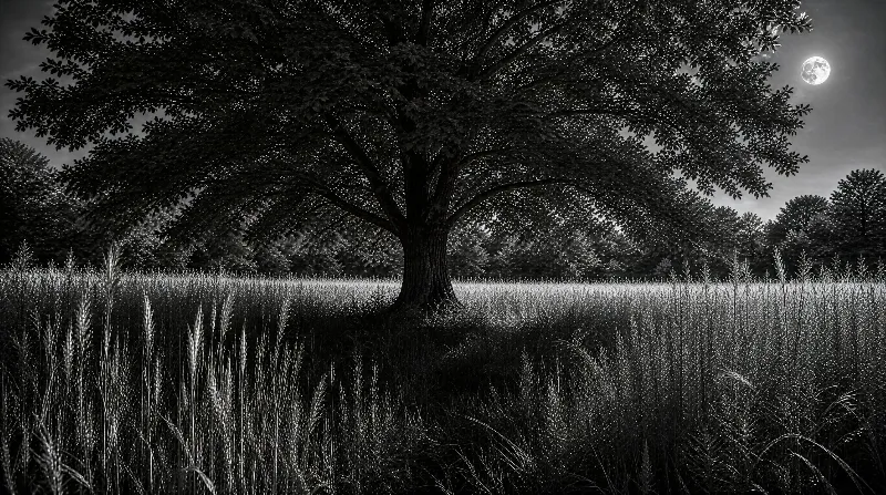 A large oak tree stands in a moonlit field, with tall grasses surrounding its base and a full moon shining in the night sky