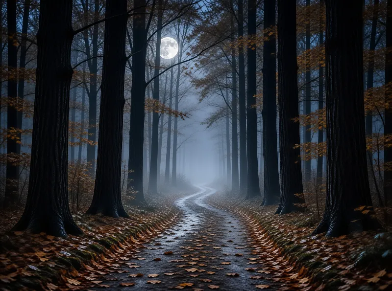 A winding dirt trail winds through tall trees while a large full moon hangs in the foggy sky.