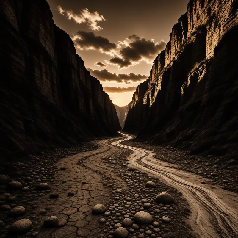 A winding waterway cuts through a steep canyon flanked by dark cliffs and scattered boulders under a cloudy sky.