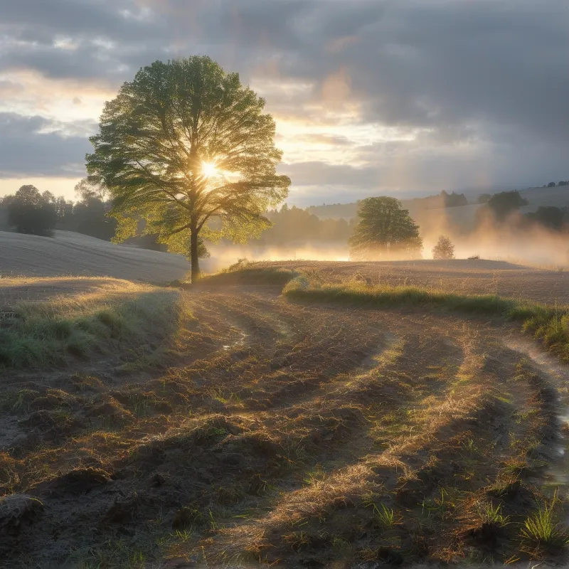 A solitary tree stands in a field as sunlight filters through its leaves and illuminates the fog over the hills.
