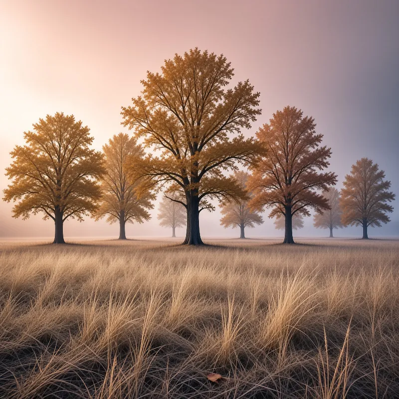 Autumn Trees in Misty Field