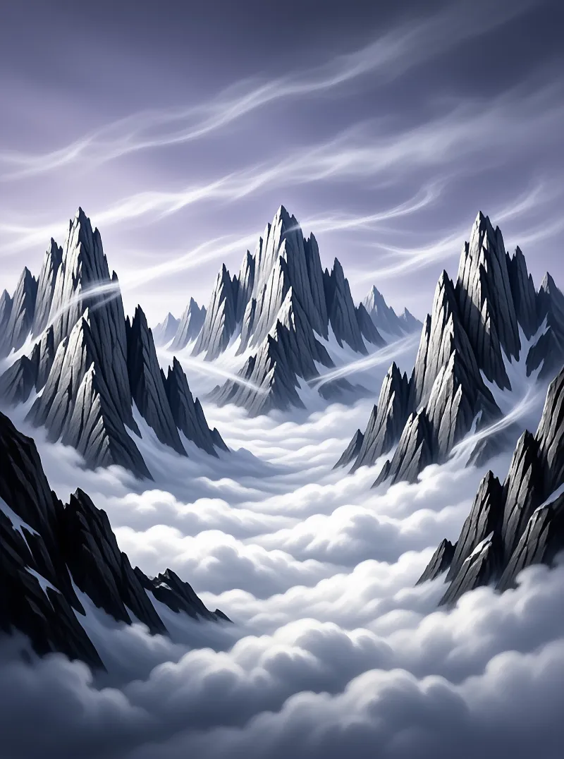 Sharp stone mountain spires rise from rolling white fog beneath flowing purple grey clouds