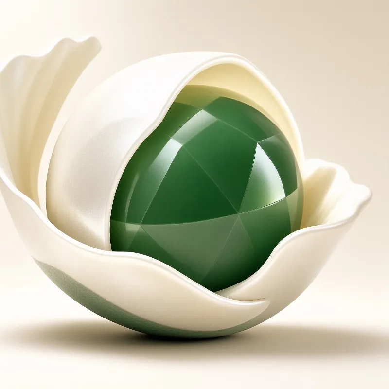 A shiny green faceted object rests nestled among creamy white curved petals under soft even lighting.