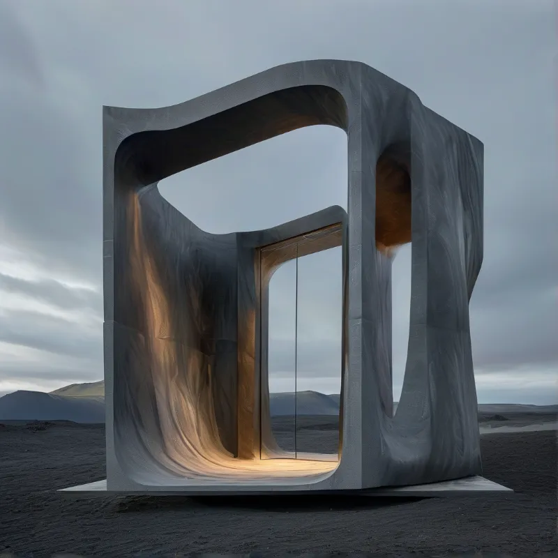 A massive grey concrete structure with smooth curves sits in a dark volcanic field, revealing warm light inside.