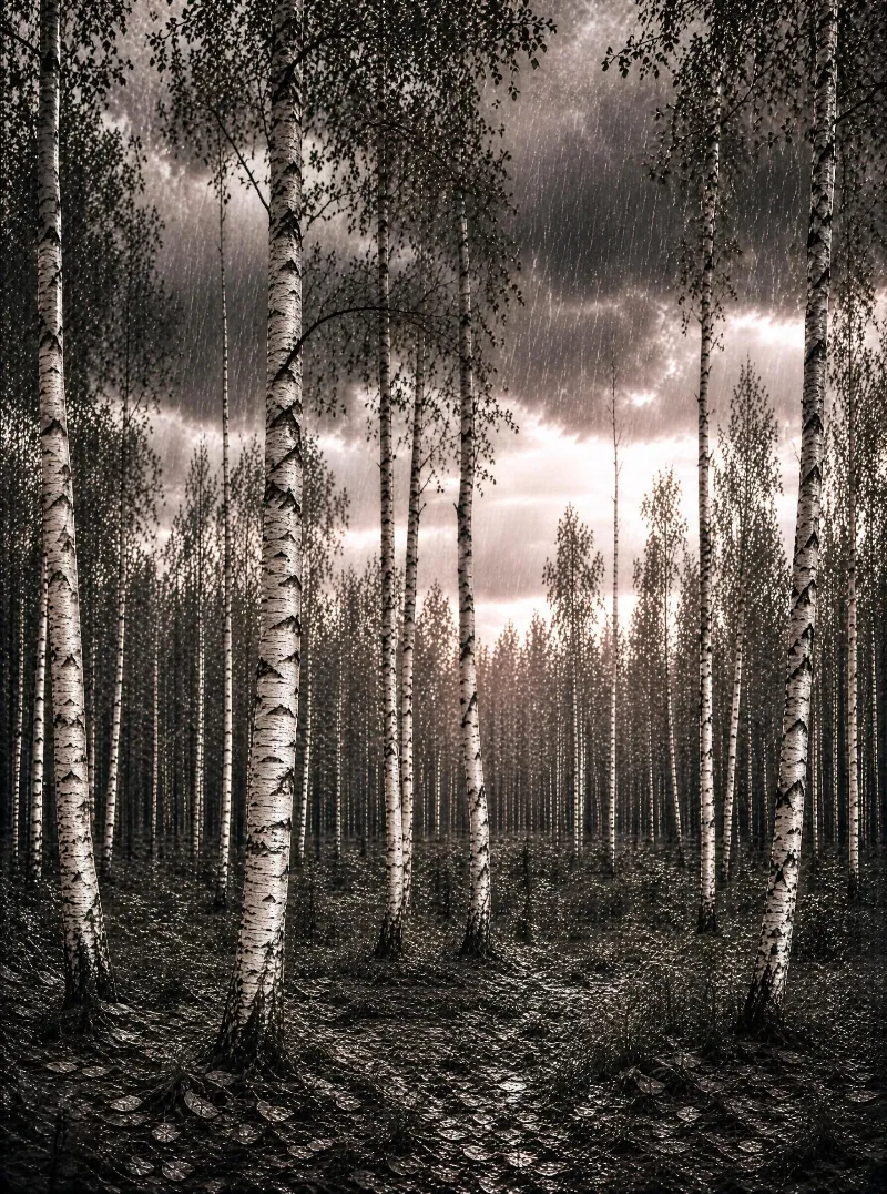 A forest of white-barked birch trees under a cloudy sky with rain falling, creating a moody atmosphere