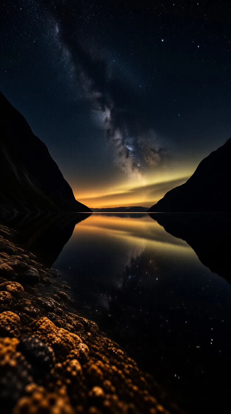 The bright Milky Way and starry night sky are mirrored in a calm lake between dark mountain silhouettes.
