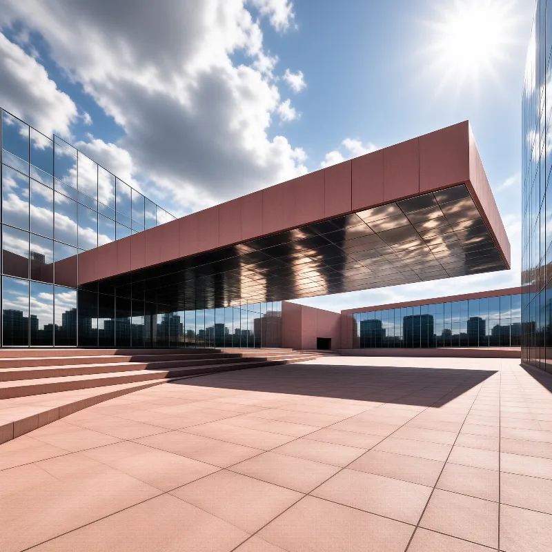 A long red canopy overhangs a tiled courtyard surrounded by mirrored walls reflecting a bright sky and city skyline.