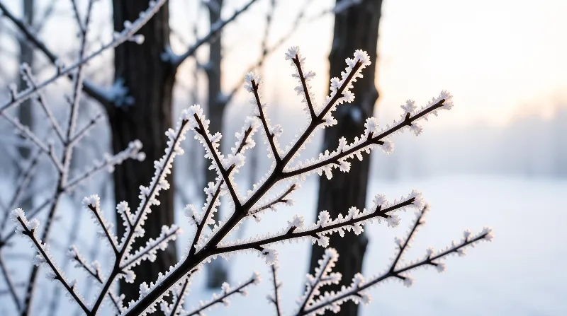 Tree branches encrusted with delicate frost crystals stand out against a blurry background of dark trunks and soft light.