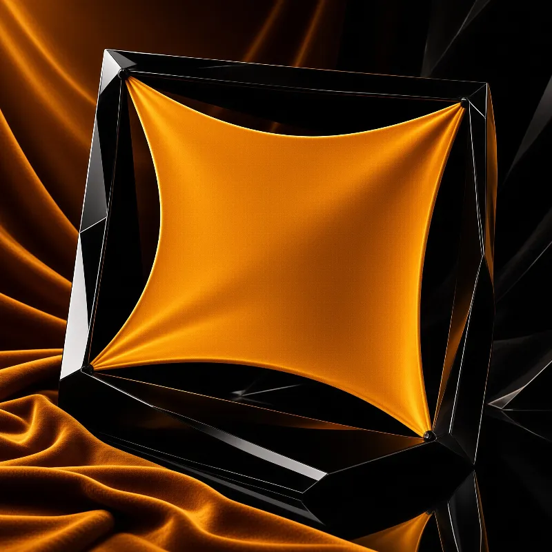 A vivid orange silk membrane stretched taut inside a faceted black glass frame amid folds of velvet drapery.