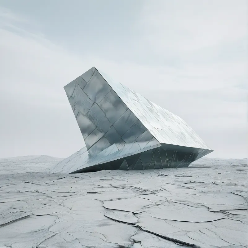 A faceted silver structure leans above pale ground split into polygonal plates, mirrored by a flat overcast sky.
