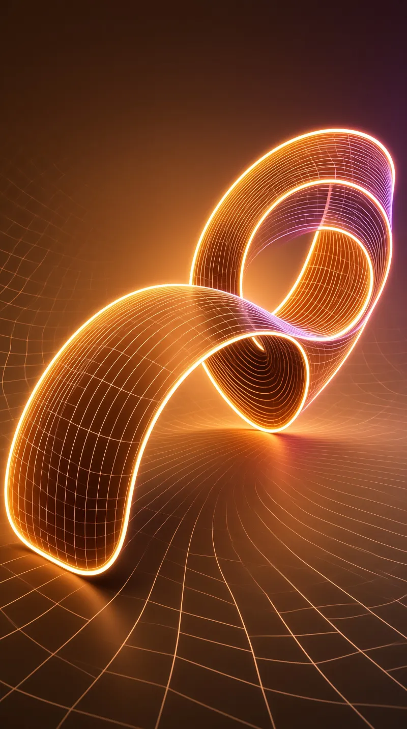 A luminous orange ribbon twists through a dark digital space above a perspective grid.