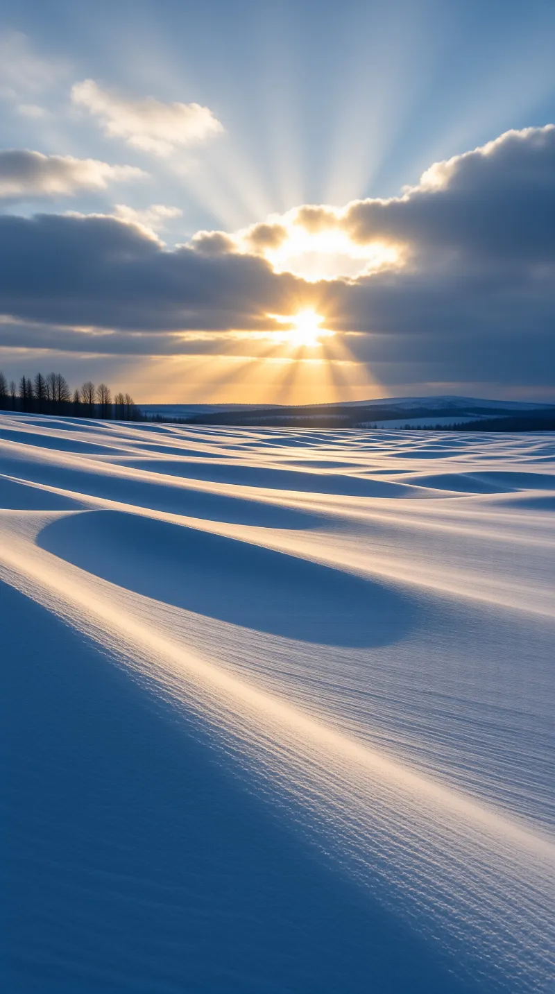 Wind-carved snow drifts ripple beneath dark clouds as golden sunbeams spill across the frozen slopes.