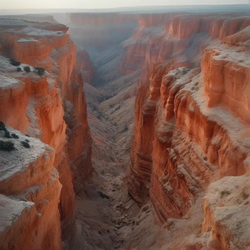 Steep reddish cliffs descend into a deep valley covered by a light layer of frost and distance haze.