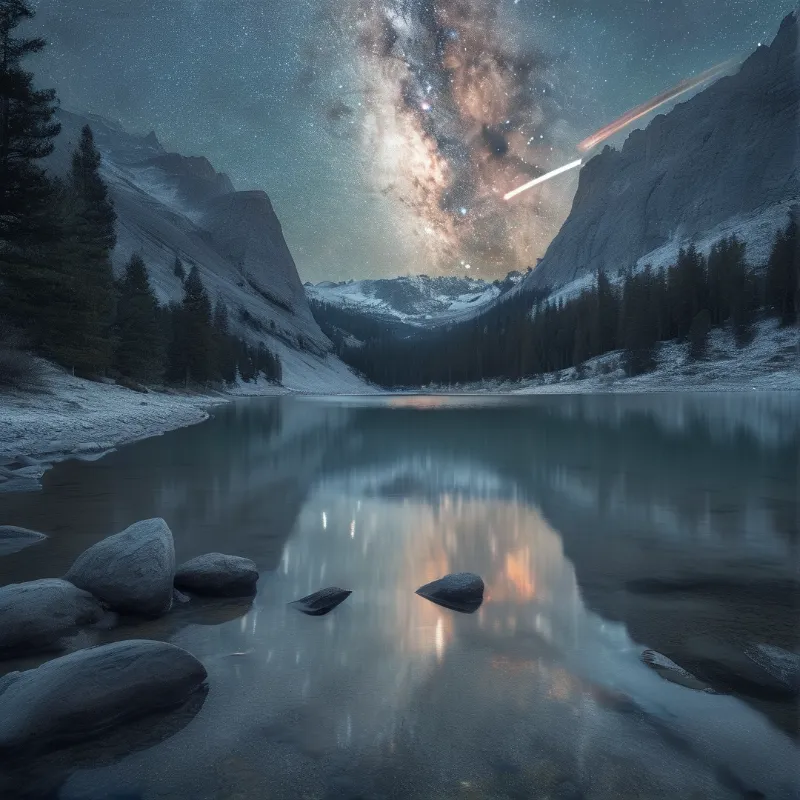 A still alpine lake mirrors the luminous galaxy above a snow-covered valley flanked by evergreen trees.