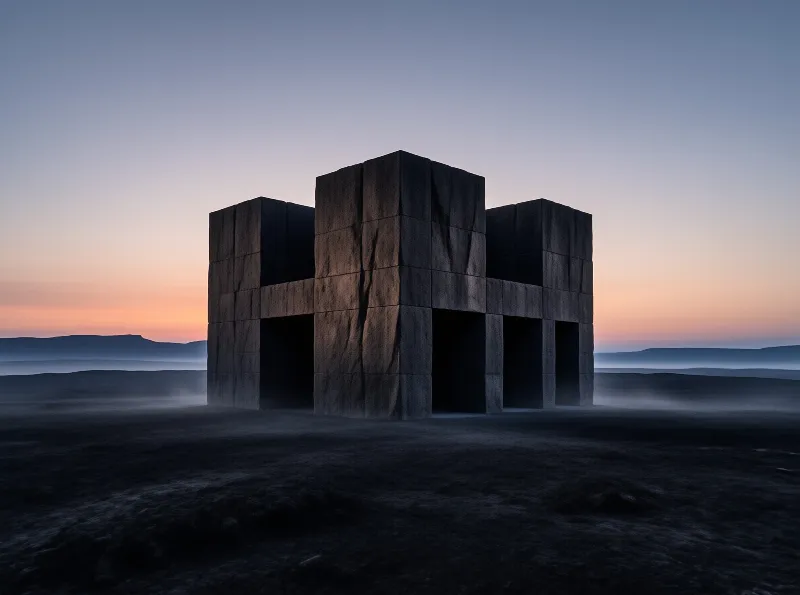 A dark stone structure stands alone on a misty plain under a twilight sky with an orange horizon.