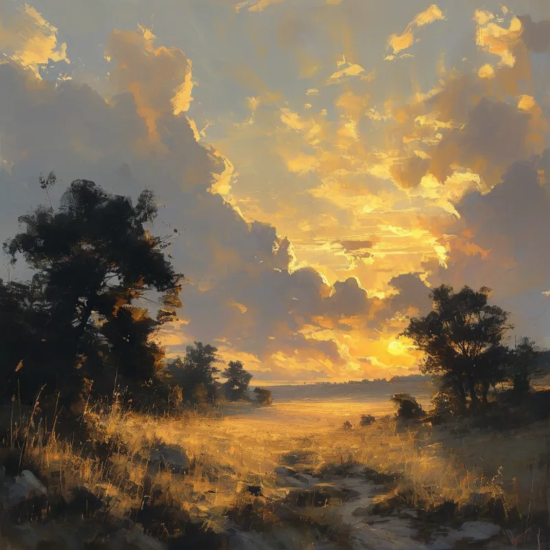 Dark trees frame a golden grassy plain beneath a dramatic sky of glowing orange sunset clouds.