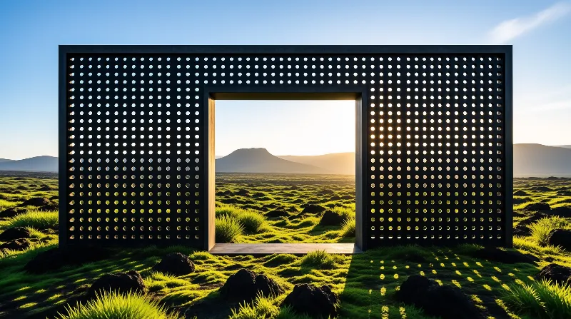 A dark perforated wall stands in a green field with a central opening revealing mountains and sunlight casting dot shadows.