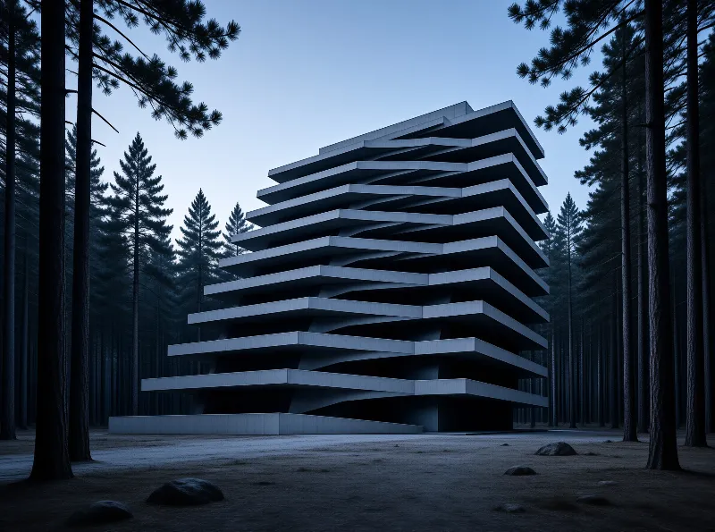 A tiered concrete building with horizontal slats stands alone in a dark pine forest under a soft blue twilight sky.