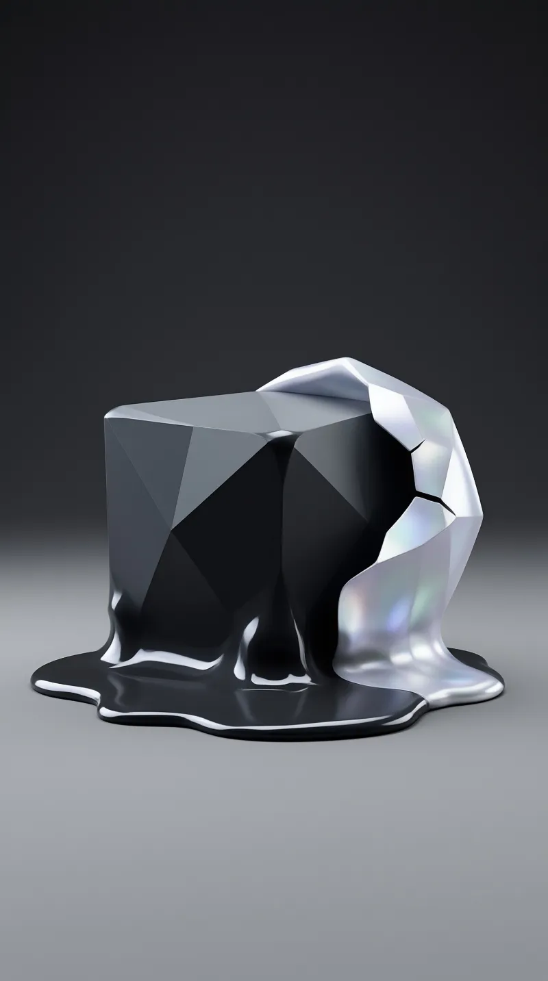 A low-poly dark sculpture drips into a glossy black puddle, its right flank polished to a rainbow silver sheen.