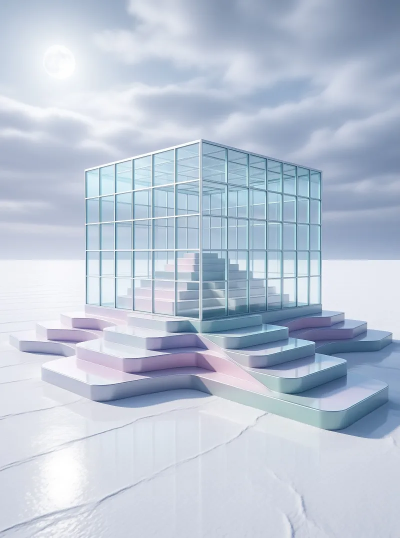 A translucent glass cube containing a staircase sits on soft pastel stepped platforms.