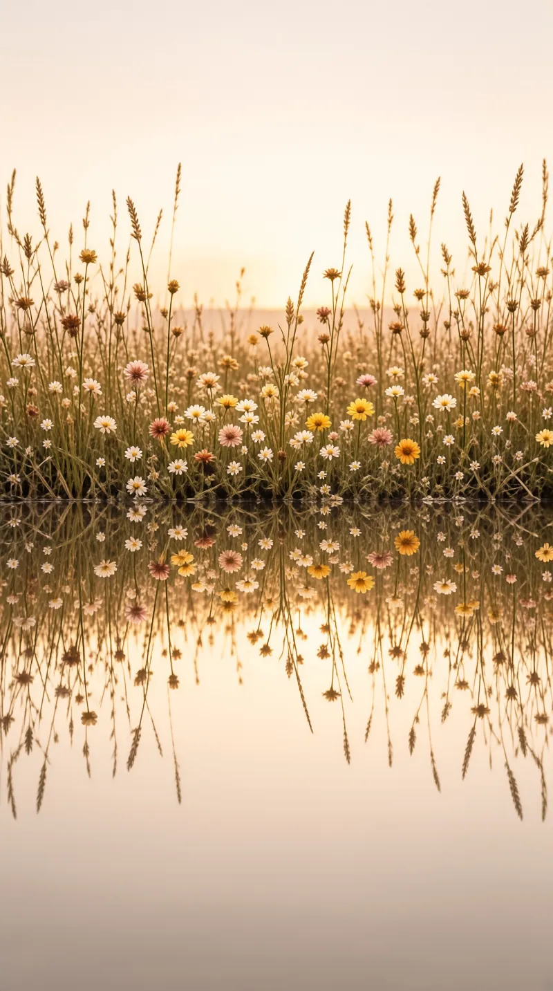 Colorful daisies and tall grasses stand on the shore of a calm lake reflecting their golden hues at sunset.