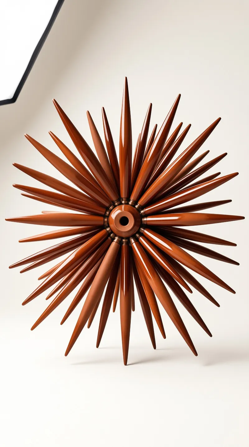 A glossy brown object resembling a sea urchin with sharp radiating points is displayed on a neutral surface.