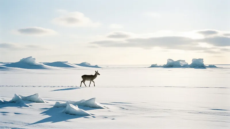 A lone deer walks across a vast windswept ice field beneath a low winter sun and soft drifting clouds.