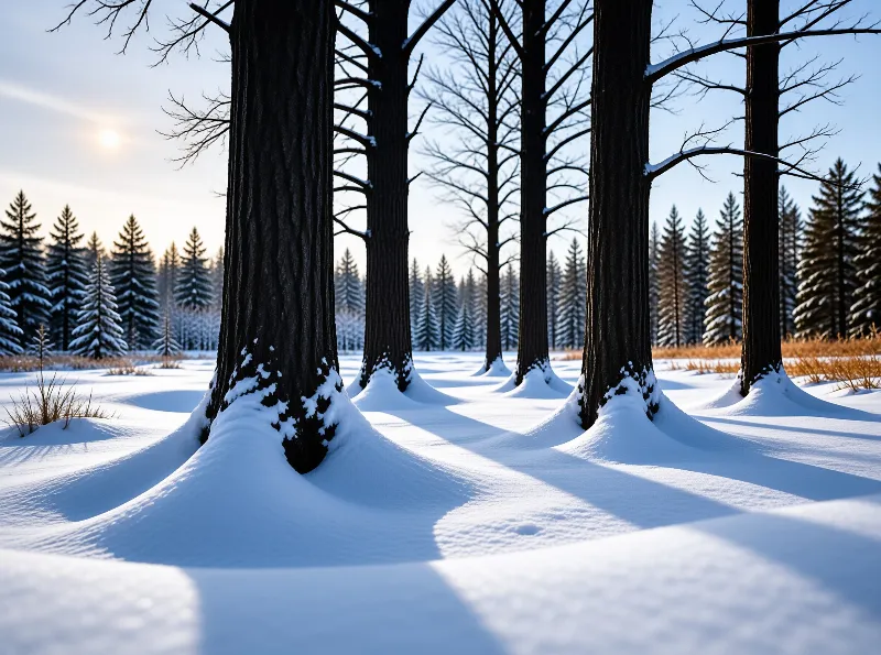 Leafless tall trees stand in deep soft snow, long cool shadows from the low rising sun stretch across the white ground, a distant evergreen forest lines the bright cold horizon.