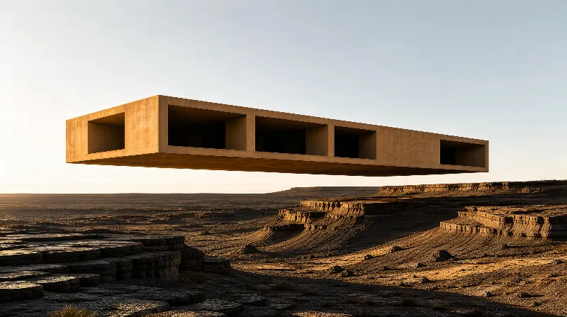 A large rectangular concrete structure hovers above a rugged desert canyon, illuminated by warm golden light from the low sun.