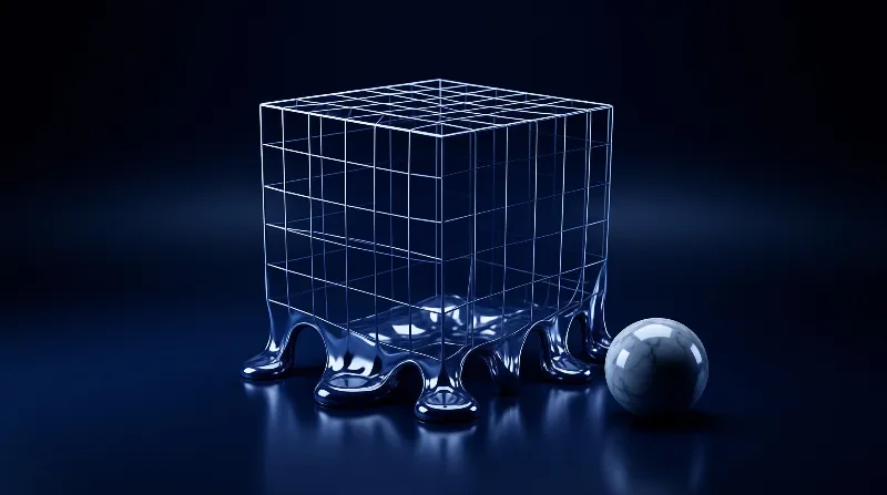 A blue wireframe cube with a melting liquid base sits next to a white marble sphere on a dark reflective floor.