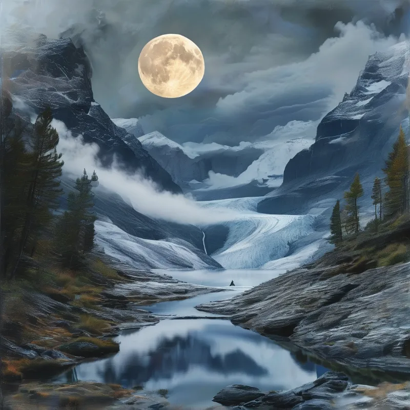 A massive moon shines over a winding glacier nestled in a steep mountain valley with dark trees and a reflective lake.