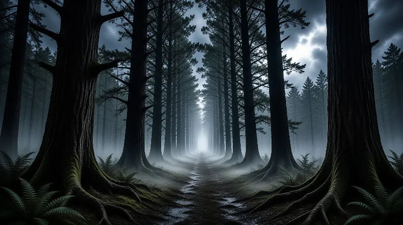 Rows of towering conifers line a fogged wet path that glows softly at the far end under overcast grey skies.