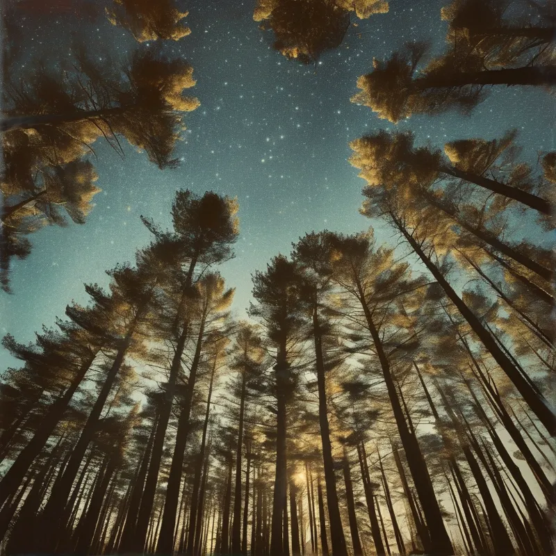 A low angle view looking up at tall pine trees reaching towards a starry blue sky with golden foliage.