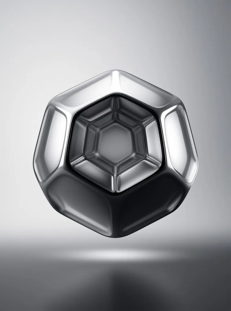 A reflective chrome polyhedron with nested hexagonal facets floats within a minimalist grey studio environment.