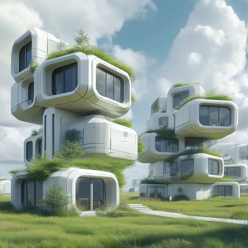White modular eco-housing units are stacked together in a green pasture, featuring integrated rooftop vegetation and large windows under a bright cloud-filled sky.