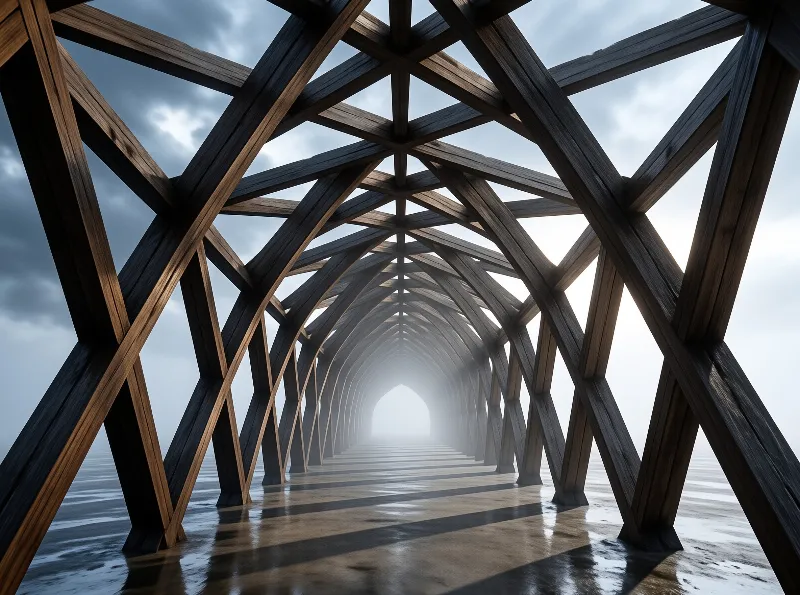 Dark wooden beams intersect to form a long corridor structure standing in reflective water, with strong lines converging toward a brilliant white opening at the distant center under a cloudy sky.