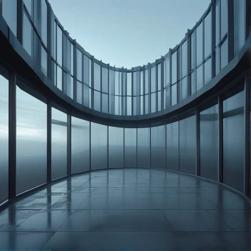 Empty two tier curved glass overlook faces foggy muted blue distant landscape in dim soft light.